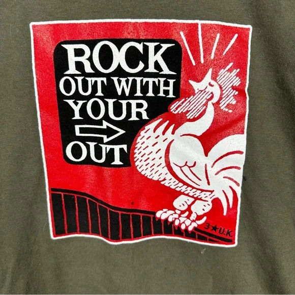 Vintage 3 Star UK Rock Out Funny Tee Chicken Adult Size XL Green - Picture 3 of 8